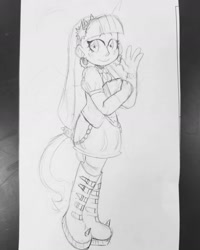 Size: 1440x1800 | Tagged: safe, artist:comicmaker, twilight sparkle, human, g4, book, boots, clothes, female, headband, humanized, monochrome, raised hoof, shoes, sketch, skirt, smiling, solo, starry eyes, traditional art, wingding eyes