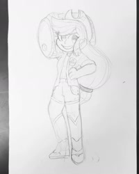 Size: 1440x1800 | Tagged: safe, artist:comicmaker, applejack, human, g4, applejack's hat, boots, clothes, cowboy hat, cutie mark on clothes, female, hand on waist, hat, humanized, monochrome, open mouth, open smile, shirt, shoes, shorts, sketch, smiling, solo, traditional art