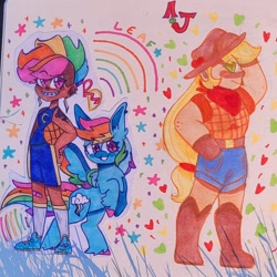 Size: 1310x1310 | Tagged: safe, artist:comicmaker, applejack, rainbow dash, human, pegasus, pony, equestria girls, g4, applejack's hat, bandaid, basketball, boots, braces, clothes, colored wings, cowboy hat, cutie mark tattoo, ear piercing, elbow freckles, female, freckles, grin, hand on hip, hat, human coloration, humanized, light skin, long socks, mare, moderate dark skin, multicolored wings, piercing, rearing, shoes, shorts, smiling, sports, spread wings, tank top, tattoo, traditional art, unshorn fetlocks, wings