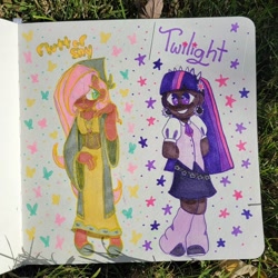 Size: 1440x1440 | Tagged: safe, artist:comicmaker, fluttershy, twilight sparkle, butterfly, human, equestria girls, g4, arm behind back, bandana, clothes, cutie mark eyes, dark skin, dress, duo, duo female, female, hair over eyes, human coloration, humanized, irl, leg warmers, miniskirt, moderate dark skin, photo, redesign, shirt, skirt, smiling, stars, traditional art, wingding eyes