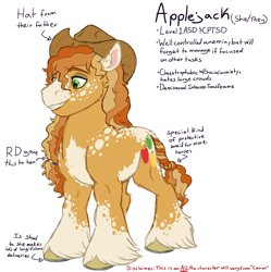 Size: 1990x2000 | Tagged: safe, artist:caffeinatedcarny, applejack, earth pony, pony, g4, alternate cutie mark, alternate universe, applejack's hat, bags under eyes, braid, cheek fluff, coat markings, cowboy hat, disabled, freckles, hat, headcanon, heterochromia, horseshoes, implied rainbow dash, intersex, lgbt, lgbt headcanon, lgbtq, lidded eyes, muscles, nonbinary, redesign, simple background, socks (coat markings), solo, speckled, tall, transfemme, transgender, unshorn fetlocks