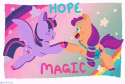 Size: 10033x6688 | Tagged: safe, artist:comicmaker, sunny starscout, twilight sparkle, alicorn, earth pony, pony, g4, g5, blushing, duo, duo female, element of hope, element of magic, female, generational ponidox, hoof hold, horn, mane stripe sunny, mare, spread wings, starry eyes, stars, sunny and her heroine, sunny's bag, tail, twilight sparkle (alicorn), unshorn fetlocks, wingding eyes, wings