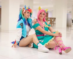Size: 1080x885 | Tagged: safe, artist:alicenyannya, artist:gianaxrose, fluttershy, rainbow dash, human, g4, clothes, cosplay, costume, duo, duo female, female, goggles, irl, irl human, multicolored hair, photo, rainbow hair