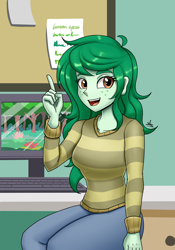 Size: 1400x2000 | Tagged: safe, artist:zachc, wallflower blush, human, equestria girls, equestria girls specials, g4, my little pony equestria girls: forgotten friendship, clothes, commission, computer, female, freckles, open mouth, open smile, scene interpretation, smiling, solo, sweater