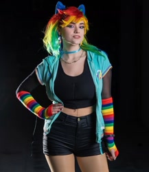 Size: 1080x1245 | Tagged: safe, artist:gianaxrose, rainbow dash, human, g4, clothes, cosplay, costume, hand on hip, irl, irl human, multicolored hair, photo, rainbow hair, solo