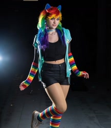 Size: 1080x1245 | Tagged: safe, artist:gianaxrose, rainbow dash, human, g4, clothes, cosplay, costume, irl, irl human, multicolored hair, photo, rainbow hair, rainbow socks, socks, solo, striped socks
