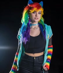 Size: 1080x1246 | Tagged: safe, artist:gianaxrose, rainbow dash, human, g4, clothes, cosplay, costume, irl, irl human, multicolored hair, photo, rainbow hair, solo