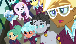 Size: 3072x1790 | Tagged: safe, edit, edited screencap, editor:jayshiaaxx, screencap, cold forecast, fleur-de-lis, frosty orange, garden grove, jet set, pokey pierce, trenderhoof, upper crust, human, equestria girls, g4, my little pony equestria girls: friendship games, bell, bell collar, clothes, collar, cow collar with bell, crystal prep academy uniform, female, gloves, long gloves, male, male nipples, nipples, school uniform, topless edit