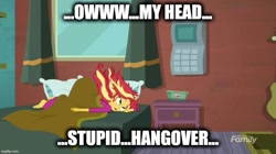 Size: 895x500 | Tagged: safe, edit, edited screencap, editor:twi clown, screencap, sunset shimmer, equestria girls, g4, monday blues, my little pony equestria girls: summertime shorts, caption, clothes, hangover, image macro, implied alcohol, pajamas, sunset's apartment, text