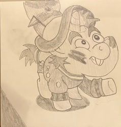 Size: 2161x2270 | Tagged: safe, snips, unicorn, 2 4 6 greaaat, g4, atg 2024, clothes, costume, covered cutie mark, face paint, fake cutie mark, glowing, glowing horn, hat, horn, male, monochrome, newbie artist training grounds, pencil drawing, pointing, shadow, simple background, sticker, tape, traditional art, white background