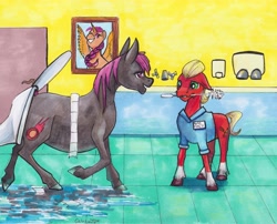 Size: 5221x4228 | Tagged: safe, artist:cahandariella, sprout cloverleaf, earth pony, g5, atg 2024, fat, female, male, mare, newbie artist training grounds, stallion, toilet, toilet humor, toilet paper, traditional art