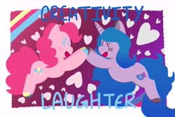 Size: 10035x6687 | Tagged: safe, artist:comicmaker, izzy moonbow, pinkie pie, earth pony, pony, unicorn, g4, g5, blushing, cloven hooves, duo, duo female, element of creativity, element of laughter, eyes closed, female, generational ponidox, heart, heart background, hooves, horn, izzy and her heroine, mare, multicolored hooves, open mouth, open smile, smiling, tail, touching hooves, unshorn fetlocks