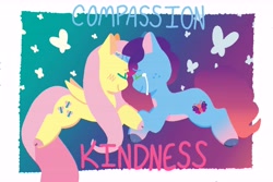 Size: 10033x6688 | Tagged: safe, artist:comicmaker, fluttershy, misty brightdawn, butterfly, pegasus, pony, unicorn, g4, g5, blushing, butterfly background, cloven hooves, duo, duo female, element of heart, element of kindness, eyes closed, female, folded wings, freckles, generational ponidox, horn, mare, misty and her heroine, smiling, tail, unshorn fetlocks, wings