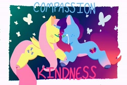 Size: 10033x6688 | Tagged: safe, alternate version, artist:comicmaker, fluttershy, misty brightdawn, butterfly, pegasus, pony, unicorn, g4, g5, blushing, butterfly background, cloven hooves, duo, duo female, element of heart, element of kindness, eyes closed, female, folded wings, freckles, generational ponidox, horn, mare, misty and her heroine, smiling, tail, unshorn fetlocks, wings