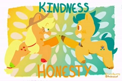 Size: 10035x6687 | Tagged: safe, artist:comicmaker, applejack, hitch trailblazer, earth pony, pony, g4, g5, applejack's hat, blushing, cloven hooves, cowboy hat, duo, duo male and female, element of honesty, element of kindness, female, generational ponidox, grin, hat, hitch and his heroine, hooves, looking at each other, looking at someone, male, mare, multicolored hooves, signature, smiling, stallion, tail, touching hooves, unshorn fetlocks