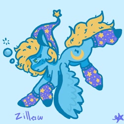 Size: 1400x1400 | Tagged: safe, artist:comicmaker, oc, oc only, oc:zillow, pegasus, pony, g5, blue background, bubble, chest fluff, clothes, female, g5 oc, hat, mare, nightcap, pegasus oc, simple background, socks, solo, spread wings, tail, wings