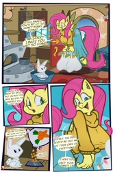 Size: 2697x4096 | Tagged: safe, artist:yellowcyann, angel bunny, fluttershy, pegasus, rabbit, anthro, comic:fluttershy's overtime, animal, big breasts, breasts, busty fluttershy, clothes, comic, dialogue, duo, duo male and female, female, frown, male, pet bowl, speech bubble, sweater, sweatershy