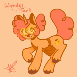 Size: 1400x1400 | Tagged: safe, artist:comicmaker, oc, oc only, oc:wonder tart, pony, unicorn, bag, glasses, horn, open mouth, open smile, raised hoof, raised leg, simple background, smiling, solo, tail, unicorn oc, unshorn fetlocks