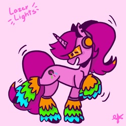 Size: 1400x1400 | Tagged: safe, artist:comicmaker, oc, oc only, oc:lazer lights, pony, unicorn, dancing, ear piercing, horn, legwear, open mouth, open smile, piercing, pink background, raised hoof, raised leg, simple background, smiling, solo, tail, unicorn oc
