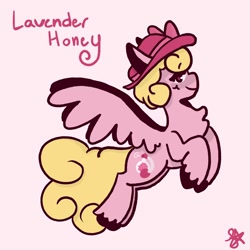 Size: 1400x1400 | Tagged: safe, artist:comicmaker, oc, oc only, oc:lavender honey, pegasus, pony, female, flying, hat, mare, pegasus oc, simple background, smiling, solo, spread wings, tail, unshorn fetlocks, wings