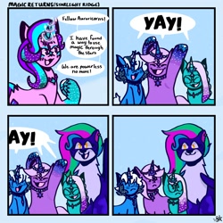 Size: 2000x2000 | Tagged: safe, artist:comicmaker, allura, comet (g5), starlight glimmer, violet frost, oc, aq bars, auroricorn, big cat, leopard, pony, snow leopard, my little pony: friendship makes its mark, g4, g5, my little pony: make your mark, my little pony: make your mark chapter 6, secrets of starlight, 4 panel comic, adorallura, alternate universe, auroricornified, blush lines, blushing, celebration, comic, dialogue, eyes closed, female, folded wings, freckles, generational ponidox, glasses, happy, horn, jewelry, male, mare, necklace, open mouth, open smile, race swap, raised hoof, raised hooves, smiling, speech bubble, spread wings, stallion, starlight ridge, unshorn fetlocks, wings