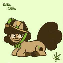 Size: 1400x1400 | Tagged: safe, artist:comicmaker, oc, oc only, oc:rollie ollie, earth pony, pony, :3, earth pony oc, female, green background, hat, looking back, lying down, mare, prone, simple background, solo, tail