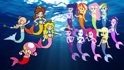 Size: 1192x670 | Tagged: safe, artist:fireluigi29, applejack, fluttershy, pinkie pie, rainbow dash, rarity, sci-twi, starlight glimmer, sunset shimmer, twilight sparkle, alicorn, mermaid, equestria girls, g4, my little pony equestria girls, crossover, female, fish tail, humane five, humane seven, humane six, mermaid peach, mermaid princess, mermaid tail, mermaidized, mermarity, mermay, ocean, princess daisy, princess peach, princess rosalina, rosalina, species swap, super mario bros., swimming, tail, toadette, twilight sparkle (alicorn), twolight, underwater, water