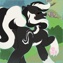 Size: 4000x4000 | Tagged: safe, artist:avery-valentine, oc, oc only, oc:zenawa skunkpony, earth pony, hybrid, skunk, skunk pony, butt, claws, dirt road, dock, earth pony oc, eyes closed, facing away, fangs, featureless crotch, female, happy, hybrid oc, mare, outdoors, paw pads, paws, plot, raised leg, raised tail, rule 63, smiling, solo, strut, strutting, tail, toothy grin, walking