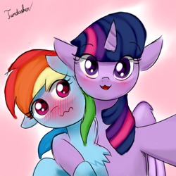 Size: 512x512 | Tagged: safe, artist:twidasher, rainbow dash, twilight sparkle, alicorn, pegasus, pony, g4, blushing, chest fluff, duo, duo female, female, horn, lesbian, mare, one ear down, open mouth, ship:twidash, shipping, twilight sparkle (alicorn), wavy mouth