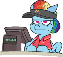 Size: 472x431 | Tagged: safe, artist:threetwotwo32232, rainbow dash, pegasus, pony, g4, atg 2024, female, hair net, mare, mcdonald's, newbie artist training grounds, simple background, solo, transparent background