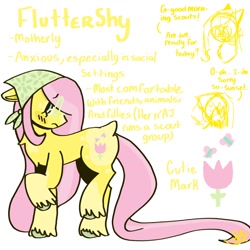 Size: 1400x1400 | Tagged: safe, artist:comicmaker, fluttershy, earth pony, pony, my little pony: friendship makes its mark, g4, g5, my little pony: make your mark, alternate universe, anxious, bandana, blush lines, blushing, female, g4 to g5, generation leap, glasses, implied sunset shimmer, long tail, mare, raised hoof, raised leg, redesign, reference sheet, signature, tail, unshorn fetlocks