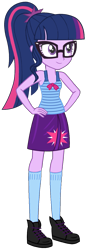 Size: 483x1387 | Tagged: safe, artist:fireluigi29, sci-twi, twilight sparkle, human, equestria girls, g4, clothes, cutie mark on clothes, female, glasses, hair, ponytail, shoes, simple background, skirt, sleeveless, socks, solo, tank top, transparent background