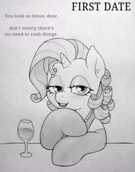 Size: 3072x3926 | Tagged: safe, artist:public mistake, rarity, pony, unicorn, g4, alternate hairstyle, bedroom eyes, clothes, date, dress, evening gloves, explicit source, female, glass, gloves, grayscale, horn, long gloves, mare, monochrome, pencil drawing, solo, talking to viewer, traditional art, wine glass