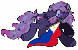 Size: 4096x2651 | Tagged: safe, artist:larvaecandy, oc, oc only, oc:top five videos, alicorn, pony, alicorn oc, big hooves, clothes, colored sclera, commission, eye clipping through hair, facial hair, fangs, filipino, flag of the philippines, high res, holding flag, hoodie, horn, leonine tail, long mane, long tail, looking back, messy mane, messy tail, mouth hold, no mouth, no pupils, nose blush, partially open wings, philippines, profile, purple coat, purple eyes, purple mane, purple sclera, purple tail, raised hoof, raised leg, simple background, solo, tail, thick eyelashes, two toned mane, two toned tail, underhoof, unshorn fetlocks, white background, wingding eyes, wings, ych result