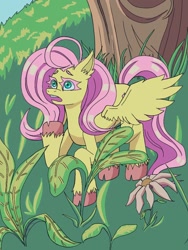 Size: 768x1024 | Tagged: safe, artist:aioniadiafonia, fluttershy, pegasus, pony, g4, cloven hooves, colored eyelashes, female, grass, looking up, mare, open mouth, solo, spread wings, wings