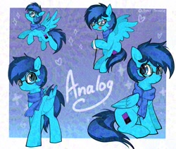 Size: 2048x1726 | Tagged: safe, artist:petaltwinkle, oc, oc only, oc:analog, pegasus, pony, adversarial noise, big glasses, blue coat, blue scarf, blue tail, clothes, colored, commission, cyan coat, floating heart, flying, folded wings, food, frown, glasses, glazed, gradient background, heart, lidded eyes, long tail, looking at something, looking at you, looking up, male, marshmallow, passepartout, pegasus oc, profile, round glasses, scarf, shiny eyes, short mane, signature, sitting, solo, sparkles, spread wings, stick, straight face, tail, teal eyes, text, tongue out, two toned mane, two toned tail, white text, wingding eyes, wings
