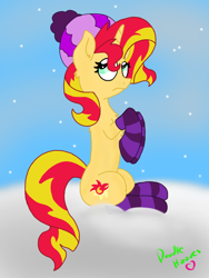 Size: 540x720 | Tagged: safe, artist:doodle-hooves, sunset shimmer, unicorn, clothes, hat, heart, horn, looking up, purple socks, signature, sitting, snow, snowfall, socks, striped socks, winter hat