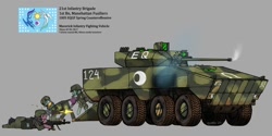 Size: 900x450 | Tagged: safe, artist:guard-mod, pony, armored vehicle, assault rifle, clothes, flag, flag of equestria, gun, ifv, machine gun, military, military pony, military uniform, rifle, soldier, soldier pony, tank (vehicle), uniform, weapon