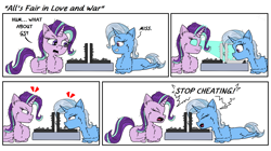 Size: 2760x1544 | Tagged: safe, artist:chopsticks, starlight glimmer, trixie, unicorn, g4, angry, battleship, board game, cheating, cheek fluff, chest fluff, chibi, comic, crossed legs, cute, dialogue, diatrixes, doodle, duo, duo female, emanata, eyes closed, female, glimmerbetes, glowing, glowing eyes, horn, lying down, magic, open mouth, ponyloaf, prone, simple background, text, unshorn fetlocks, x-ray vision, yelling