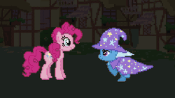 Size: 640x360 | Tagged: safe, pinkie pie, trixie, earth pony, pony, g4, animated, anime style, cloud, dirt, fan series, fanon, female, fight, gif, guardians of harmony, house, knock out, mare, mlpz, my little pony z, pixel art, sprite, toy, wip