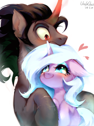 Size: 1080x1440 | Tagged: safe, artist:unclechai, idw, king sombra, radiant hope, crystal pony, pony, unicorn, black mane, blue eyes, blue mane, blushing, eyeshadow, female, horn, looking at each other, looking at someone, makeup, male, red eyes, scar, ship:hopebra, shipping, simple background, straight, white background