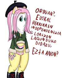 Size: 2000x2500 | Tagged: safe, artist:mano_m, fluttershy, pegasus, pony, g4, beret, bipedal, boots, clothes, colored hooves, dark comedy, dialogue, euskadi ta askatasuna, euskera, hat, implied anon, jacket, mask, shoes, simple background, solo, spain, talking to viewer, terrorist, white background, wingless