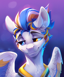 Size: 2500x3000 | Tagged: safe, artist:mithriss, oc, oc only, oc:alan techard, pegasus, pony, bust, clothes, ear fluff, heterochromia, male, smiling, solo, stallion, wings