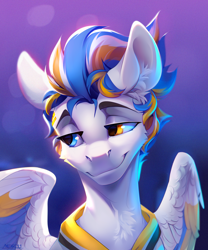 Size: 2500x3000 | Tagged: safe, artist:mithriss, oc, oc only, oc:alan techard, pegasus, pony, bust, clothes, ear fluff, gradient background, heterochromia, male, smiling, solo, stallion, wings