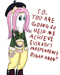 Size: 2000x2500 | Tagged: safe, alternate version, artist:mano_m, fluttershy, pegasus, pony, g4, beret, bipedal, boots, clothes, colored hooves, dark comedy, dialogue, euskadi ta askatasuna, hat, implied anon, jacket, mask, shoes, simple background, solo, spain, talking to viewer, terrorist, white background, wingless
