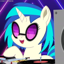 Size: 1980x1986 | Tagged: safe, artist:codenamekid, dj pon-3, vinyl scratch, pony, unicorn, g4, background pony, cute, female, happy, horn, mare, neon, open mouth, open smile, smiling, solo, sunglasses, triangle, turntable, vinylbetes