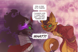 Size: 2507x1686 | Tagged: safe, artist:alex6886, capper dapperpaws, king sombra, abyssinian, pony, unicorn, anthro, g4, my little pony: the movie, armor, blushing, cape, clothes, crack shipping, dialogue, digital art, duo, duo male, gay, horn, male, ship:sombrapaws, shipping, sombra eyes, speech bubble, stallion, teasing