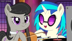 Size: 1740x990 | Tagged: safe, artist:codenamekid, dj pon-3, octavia melody, vinyl scratch, earth pony, pony, unicorn, g4, afternoon, background pony, cel shading, cello, duo, grand galloping gala, horn, looking at you, musical instrument, octavia's bowtie, open mouth, open smile, shading, smiling, smiling at you, sunglasses, turntable