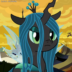 Size: 1980x1986 | Tagged: safe, artist:codenamekid, queen chrysalis, changeling, changeling queen, g4, blemishes, carapace, changeling hive, crown, cute, cutealis, eyelashes, eyelid, female, gradient eyes, jewelry, looking at you, regalia, solo, spread wings, transparent wings, unamused, wings