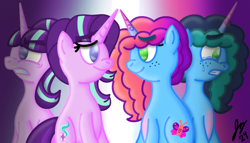 Size: 924x528 | Tagged: safe, artist:jesslmc16, misty brightdawn, starlight glimmer, pony, unicorn, g4, g5, angry, crying, cute, cutie mark, digital art, duo, duo female, female, glimmerbetes, horn, looking at each other, looking at someone, mare, mistybetes, rebirth misty, reformed, reformed villain, signature, sitting